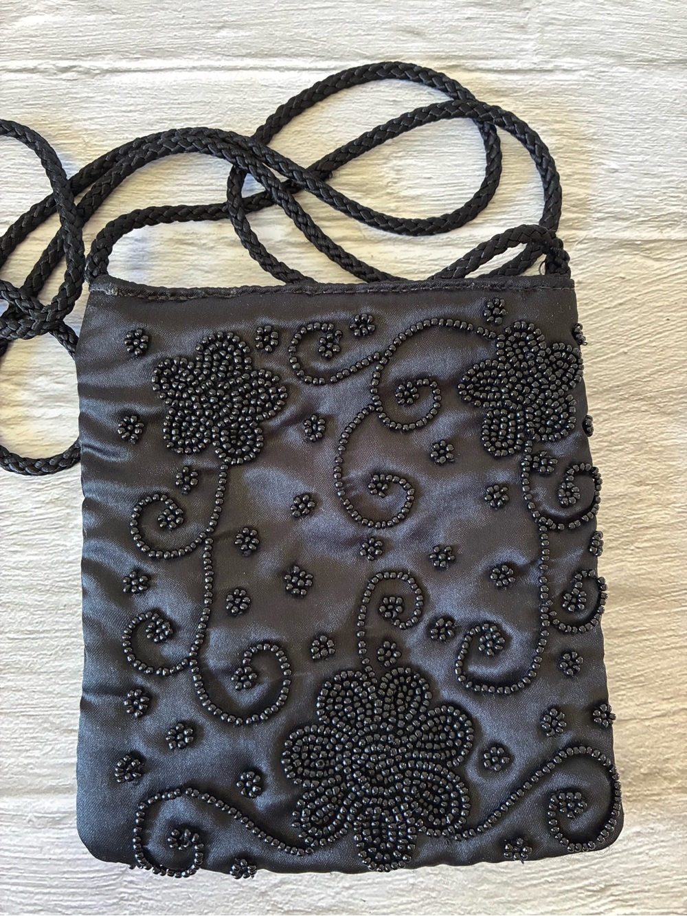 Gloria Vanderbilt Black Satin Beaded Floral Evening Bag - Picture 3 of 10